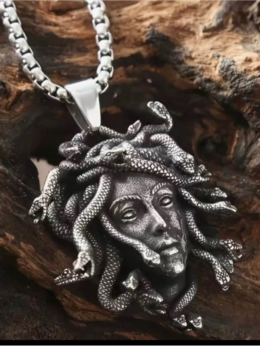 Medusa Snake Head Pendant Necklace in Antique Silver Tone